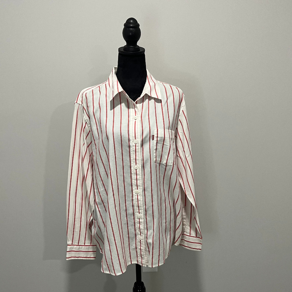Levis Long Sleeve Blouse, Boyfriend Fit, Size XL, White & Burgundy Stripe